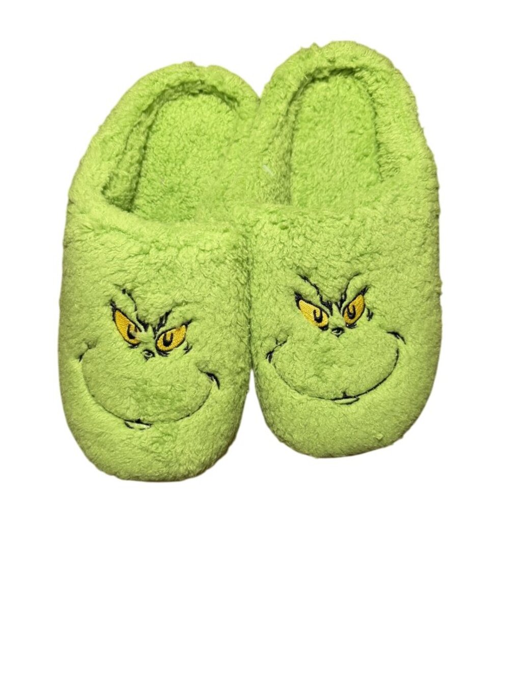 NWOT Size 8 Green Fuzzy Slip-On Slippers Character Face Embroidery